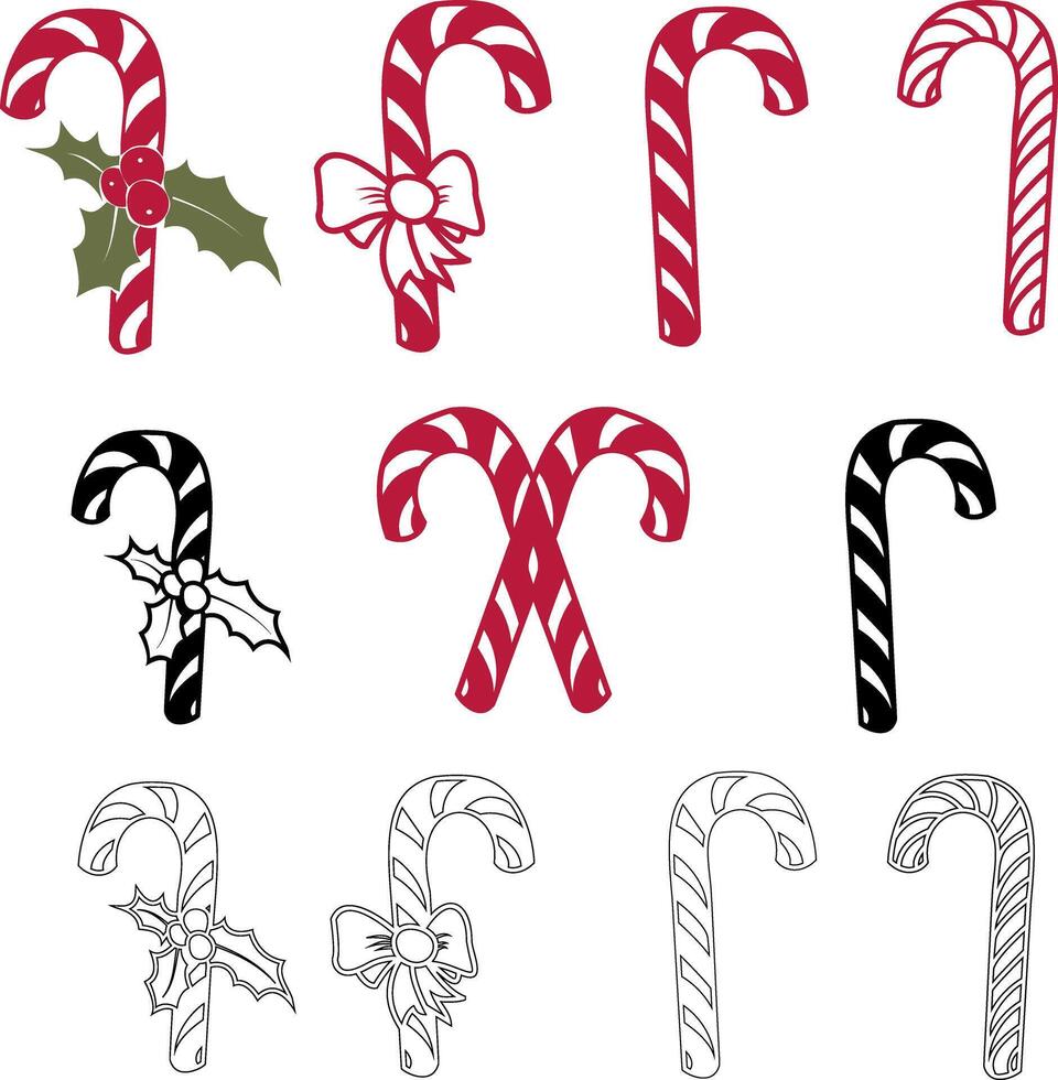 Festive Candy Cane Illustration Set. Sugar Sweets Designs With Holly Leaves And Bows. For Christmas And Holiday Decorations, Cards, and Seasonal Projects. illustration vector