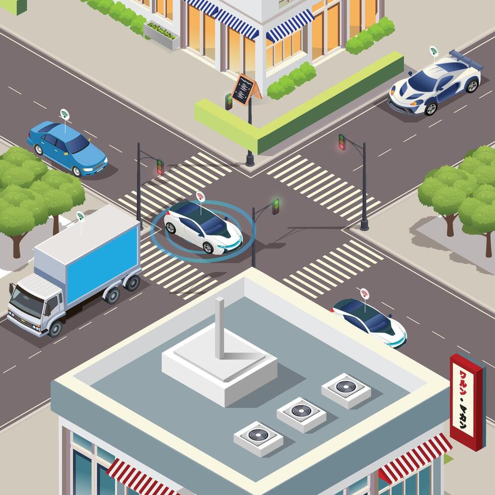 Isometric illustration of a smart city with automated vehicles composition with road and crosswalk at the city center illustration vector