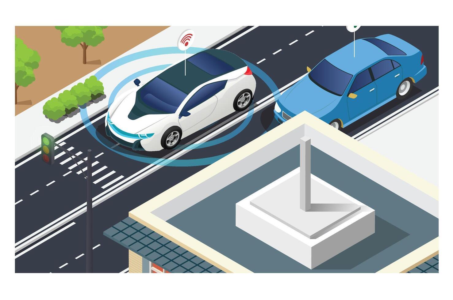 ISometric Driverless or self driving car at road. Futuristic autonomous vehicle remote sensing system. suitable for vehicle-related digital assets vector