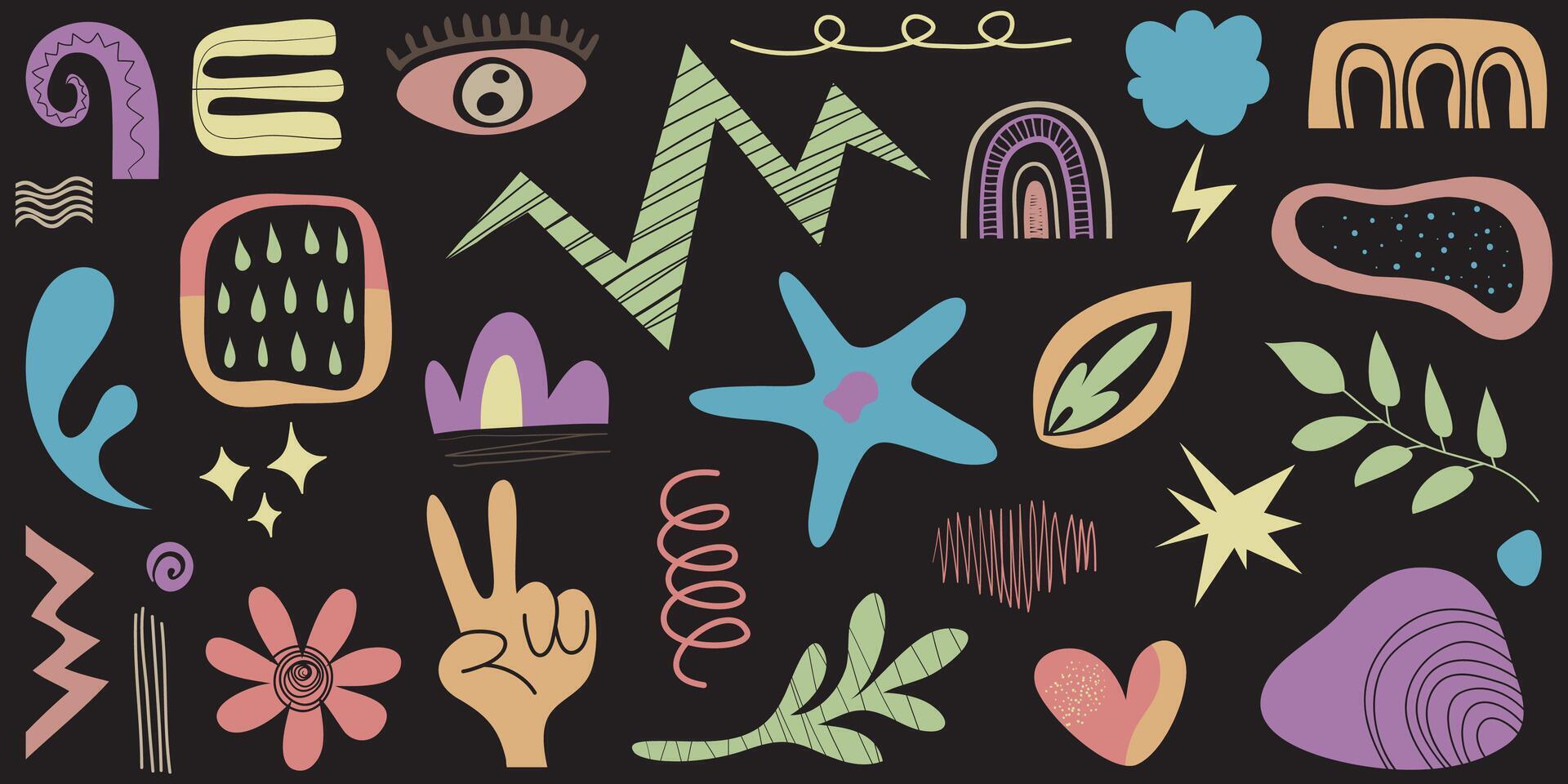 Abstract cloud and flower shapes sticker pack. Groovy funky flower, bubble, star, loop, waves in trendy retro 90s 00s cartoon style. illustration with wavy and spiral elements vector