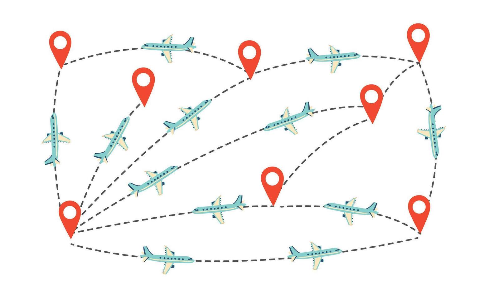 Travel destination concept. Travel dectination signs and airplanes on white background. Flat style illustration. vector
