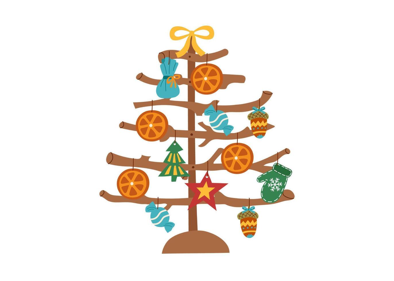 Sustainable Christmas concept. Handmade wooden Christmas tree decorated handmade toys isolated on white. vector