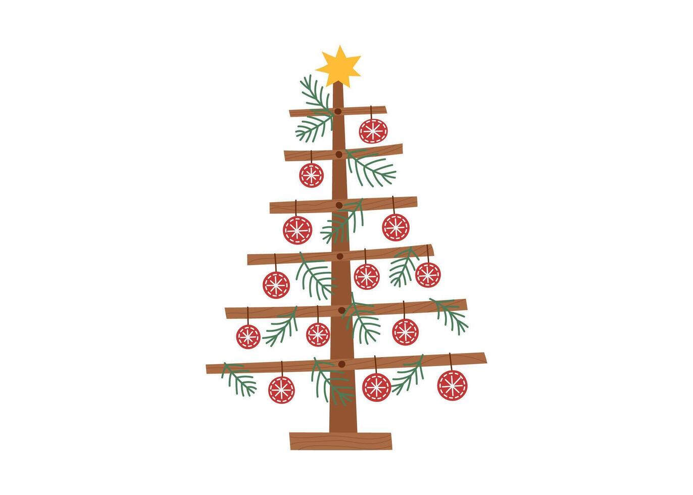 Sustainable Christmas concept. Handmade wooden Christmas tree decorated handmade toys isolated on white. vector
