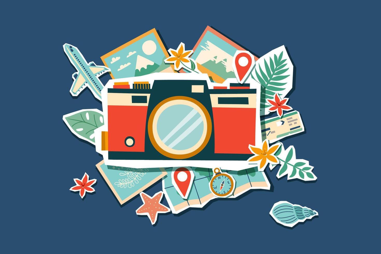 Old vintage photo camera with photos and travel object around. Travel concept. Summer concept. Flat illustration. vector