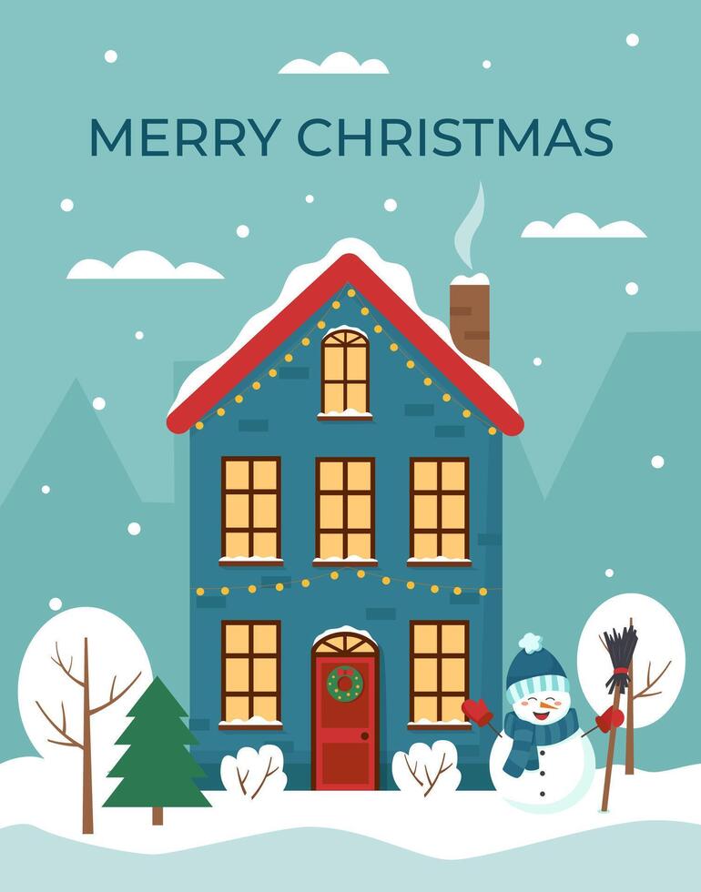 Christmas card in flat style. Winter house with snowman and trees. Christmas poster. vector