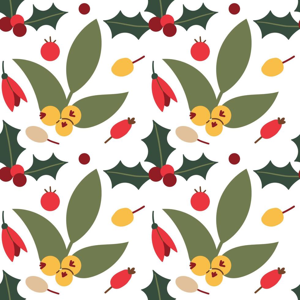 New Year hand drawn berries, red berries, green leaves on white background for Christmas and winter paper and textile print. New Year pattern. vector