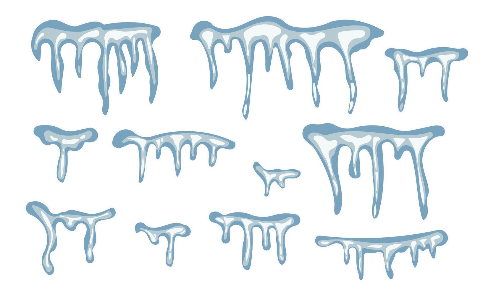 Set Ice floe, frozen water piece, iceberg and icicles in cartoon style isolated on white background. Collection polar landscape element, game asset. Winter decoration. vector
