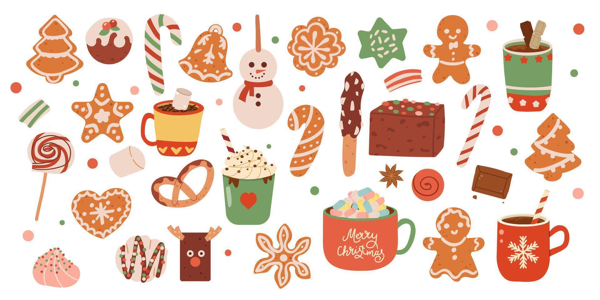 set of holiday drinks. Cozy mugs and sweets mulled wine, hot cocoa, milk, coffee, traditional Christmas cake, gingerbread cookies. Kids illustration. Scrapbook collection. Winter background. vector