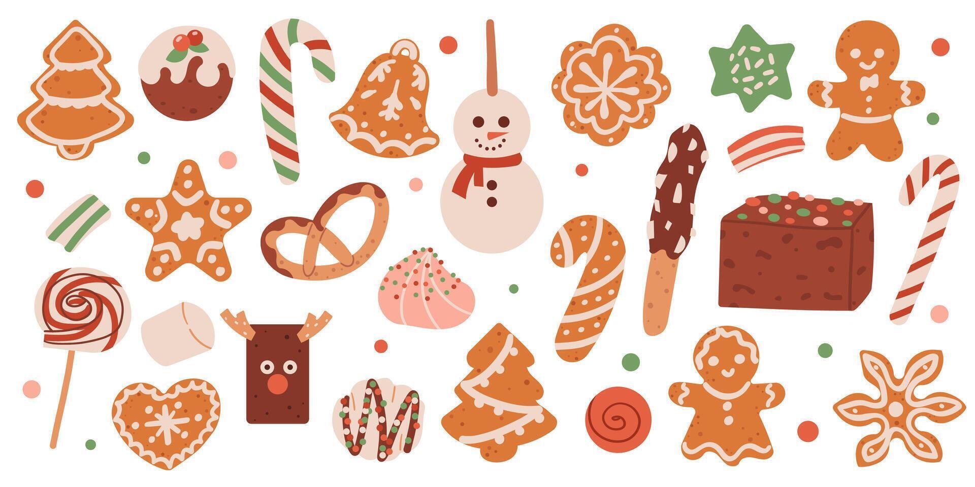 Big set of Christmas holiday sweets. Xmas gingerbread cookies, lollipops, pastry, cake illustration set. Traditional holiday treats. Sweet christmas biscuit, traditional treat to holiday vector