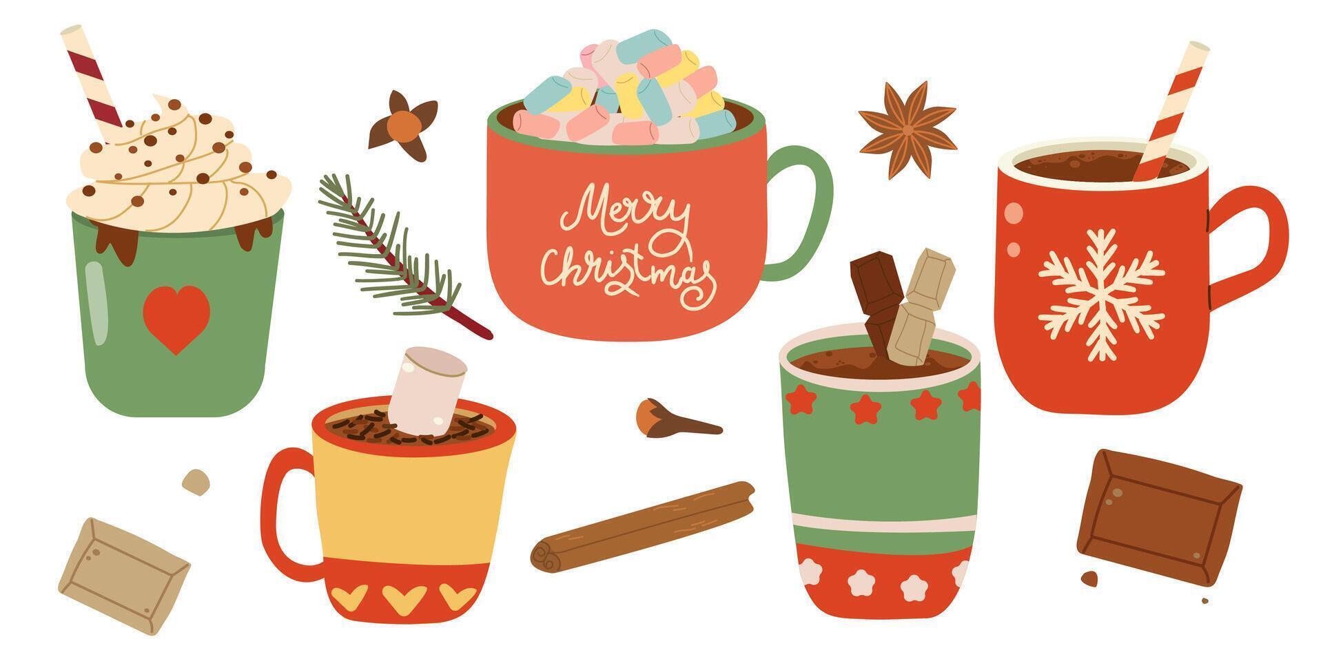 Christmas chocolate and eggnog drinks, winter holiday hot cups, icons. Christmas eggnog or milk punch beverages in cups and mugs, hot chocolate drinks for New Year and Xmas greeting card vector
