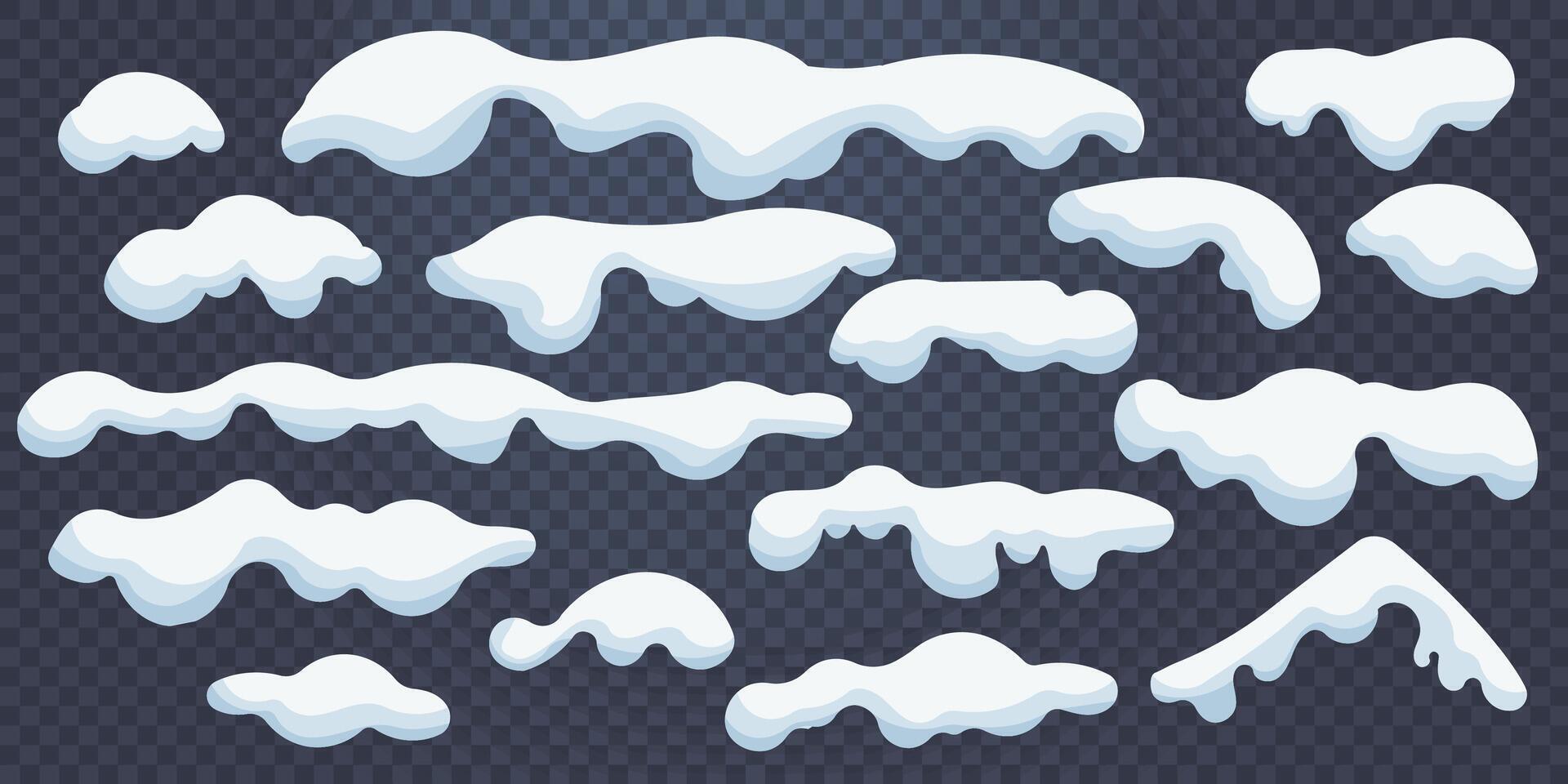 Cartoon christmas snow . Isolated set of snowballs and snowdrifts. Winter snowy decoration elements. Long and short icy roof framing, window corners, piles and stripes vector