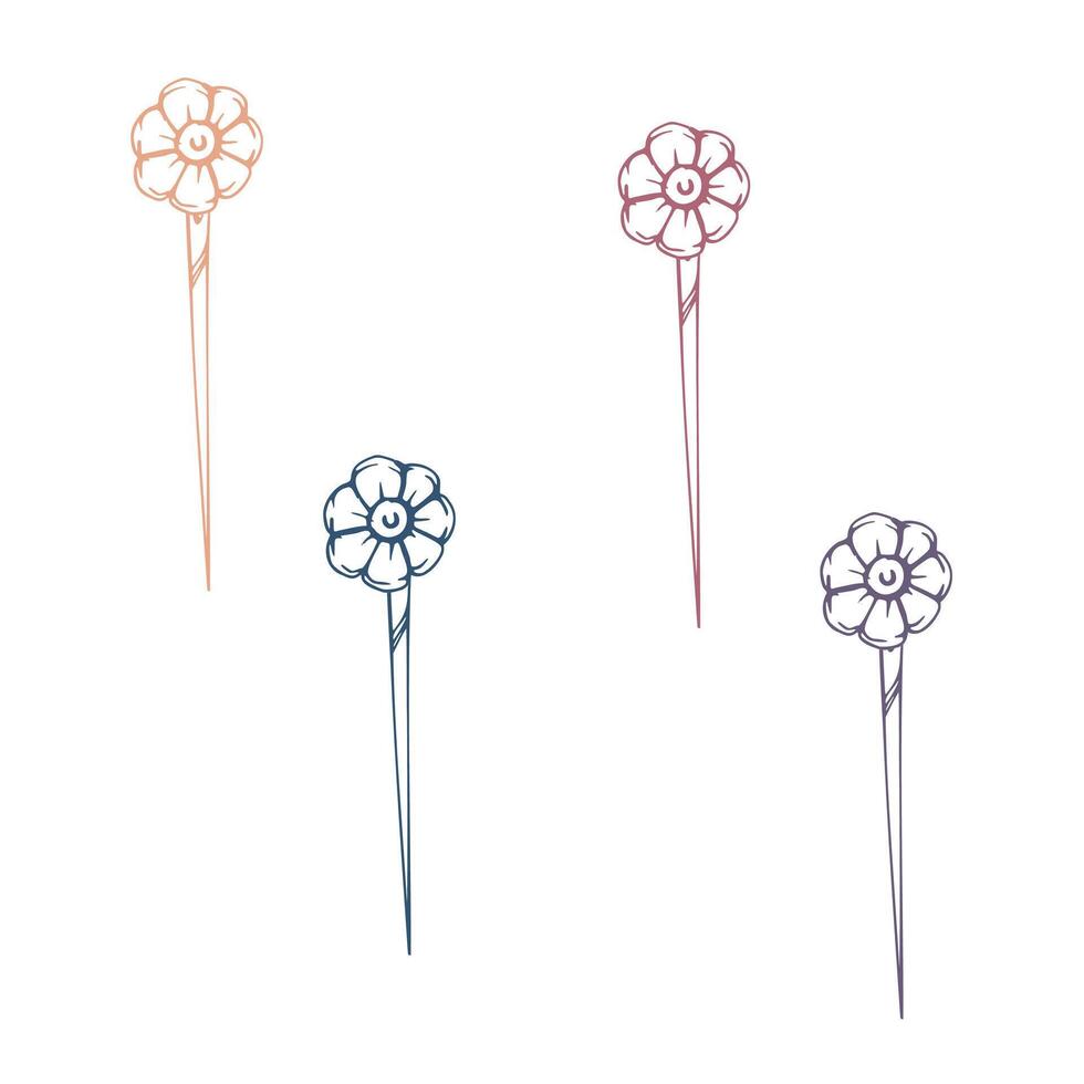 Safety flower pins, embroidery stitching needlecraft needles. Hand drawn ink illustration sewing craft supplies. Set of objects isolated on white background. Design atelier, tailor, hobby shop vector