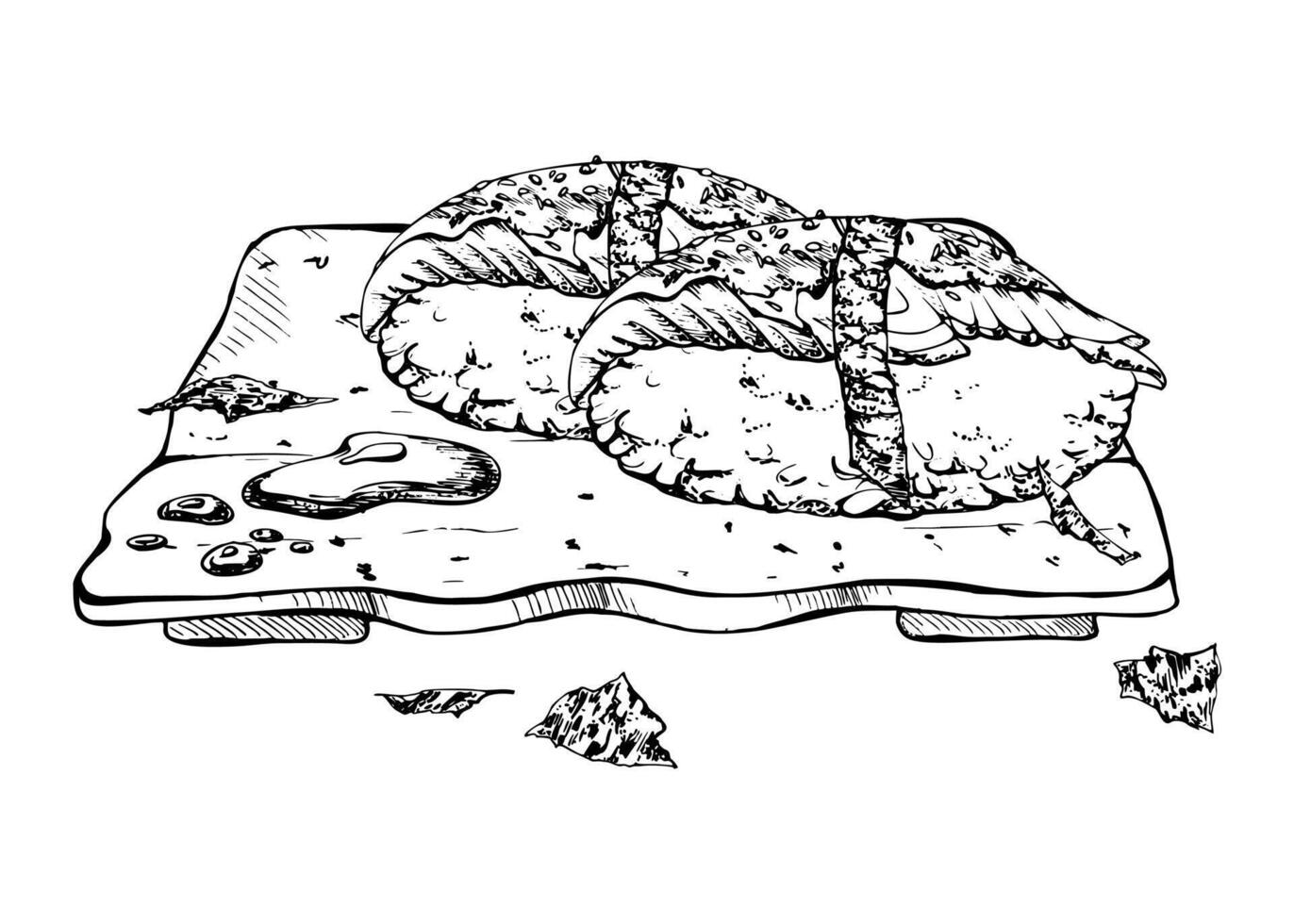 Japanese food nigiri sushi set on ceramic plate, raw fish unagi smoked eel on rice ball, nori flakes, soy sauce drops hand drawn in pen, ink. Illustration for restaurant, cafe menu, recipe book vector