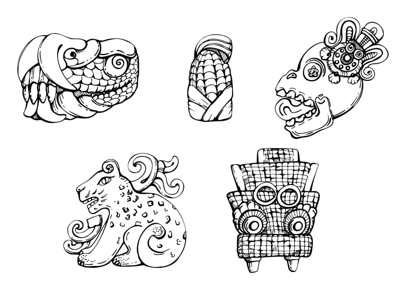 Mesoamerica symbol, lizard head, corn, jaguar Aztec carved sculpture, ancient religious god statue. Hand drawn ink illustration. Element set isolated on white. Design travel, vacation, brochure vector