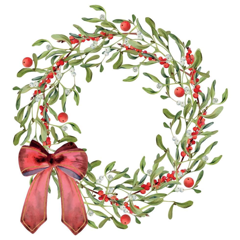 Mistletoe branches leaves, winter berries, red ribbon bow. Watercolor hand drawn illustration, wreath frame isolated on white. Xmas, happy new year festive, noel navidad. Print paper, textile fabric vector