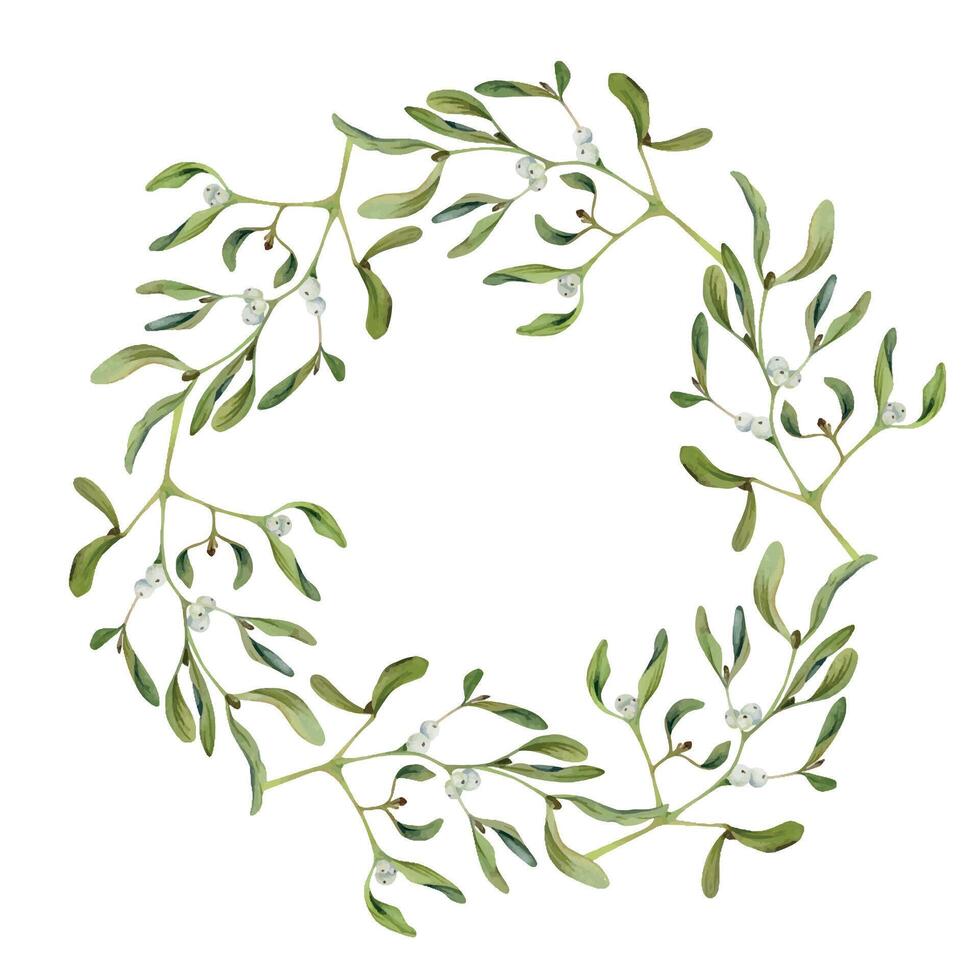 Mistletoe branches with green leaves and white berries. Watercolor hand drawn illustration, wreath frame crown isolated on white. Xmas, happy new year festive, noel navidad. Print paper textile fabric vector