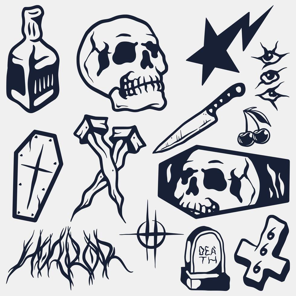 hand drawn horror elements collection vector