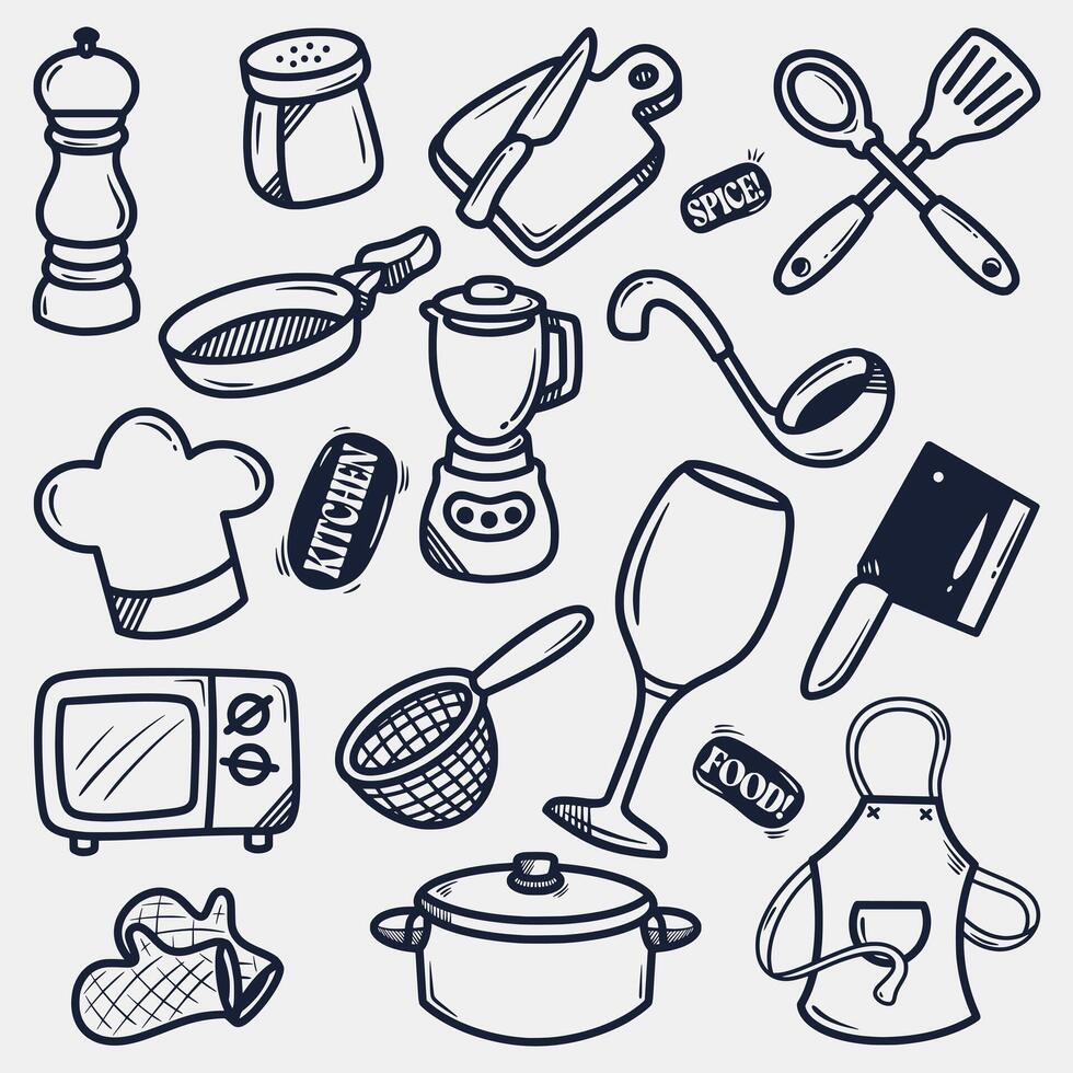 collection of hand drawn kitchen elements vector