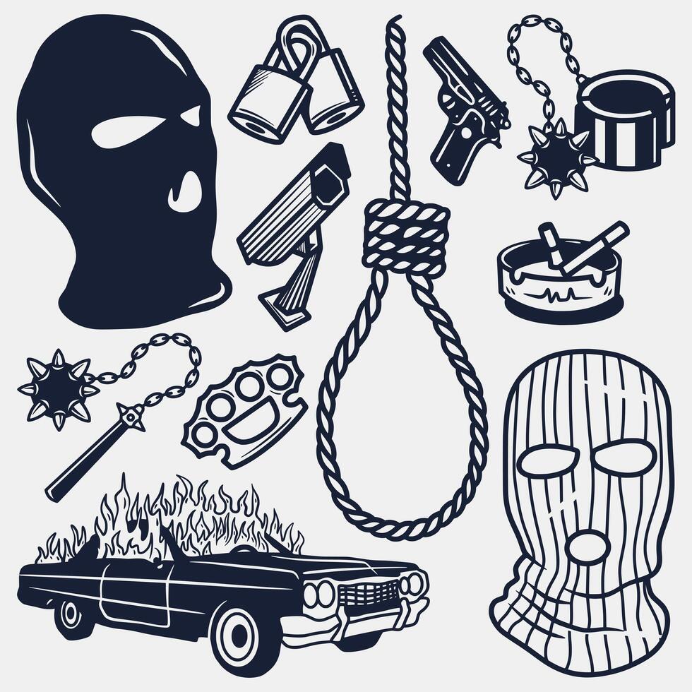 collection of hand drawn criminal elements vector
