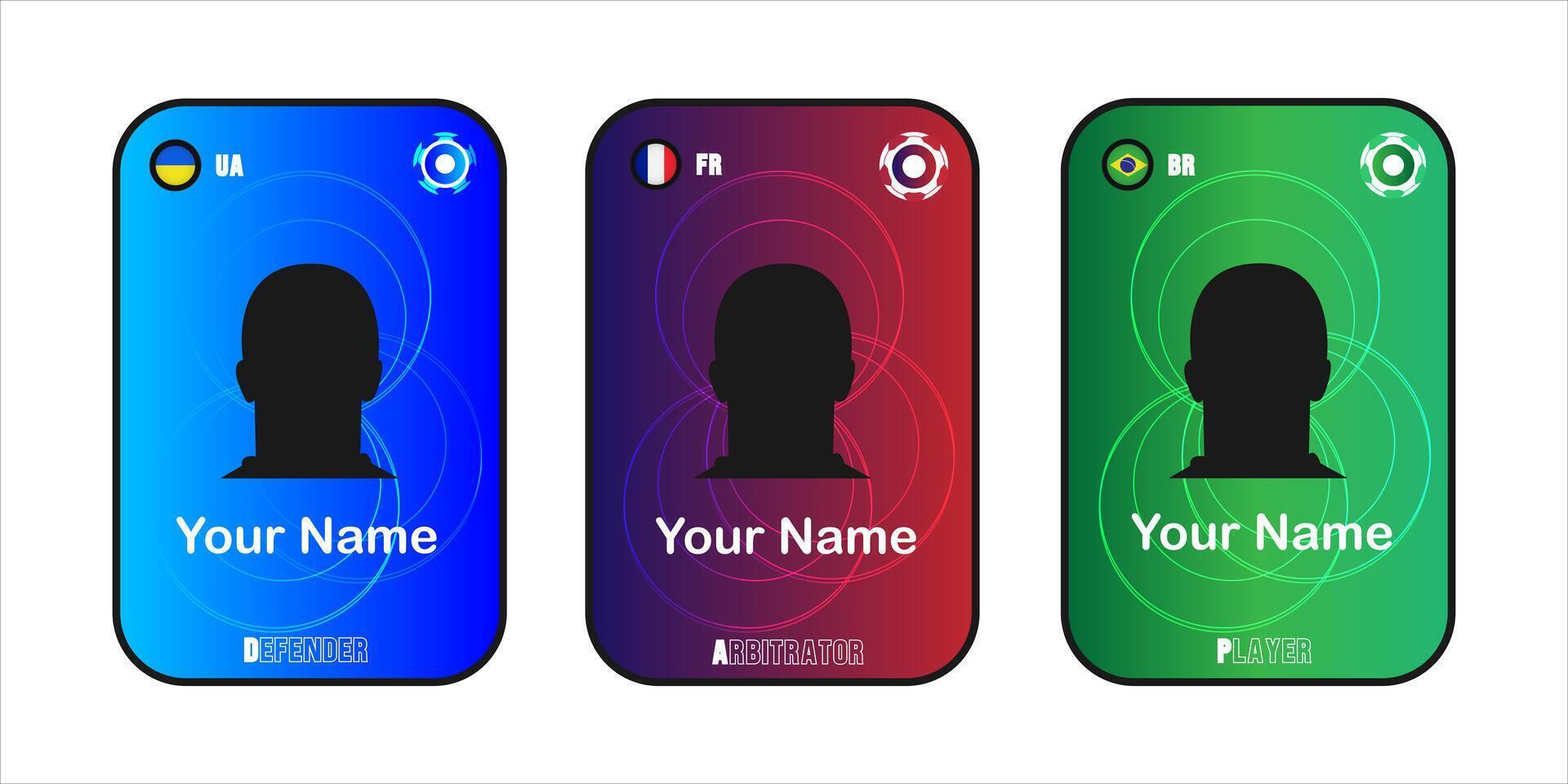 Set of three customizable sports player cards with silhouette, national flags, and role labels vector