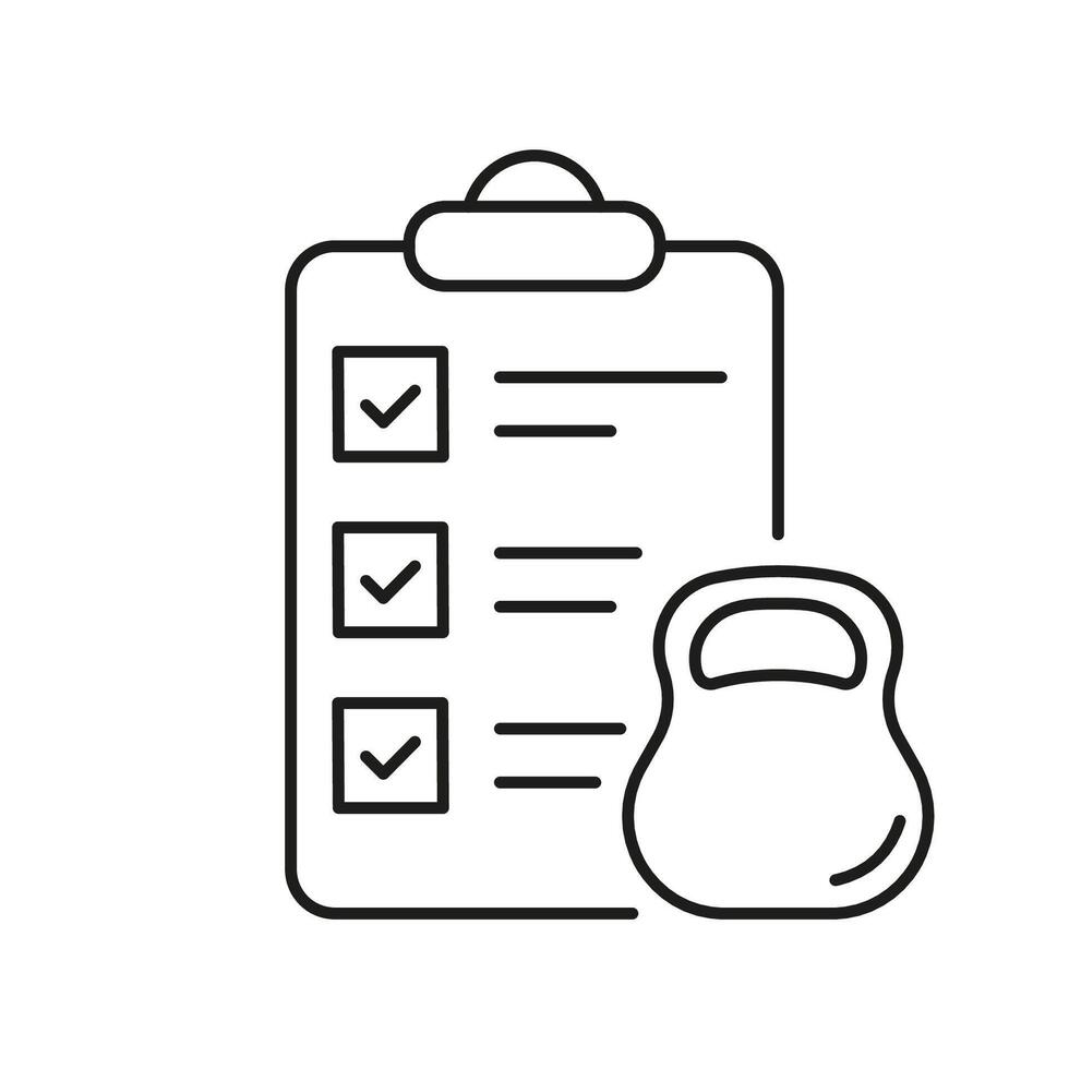 Weight Loss Training Fitness Plan Line Icon. Checklist and Kettlebell Outline Icon, Gym and Exercise Routines Concept. Isolated Illustration vector