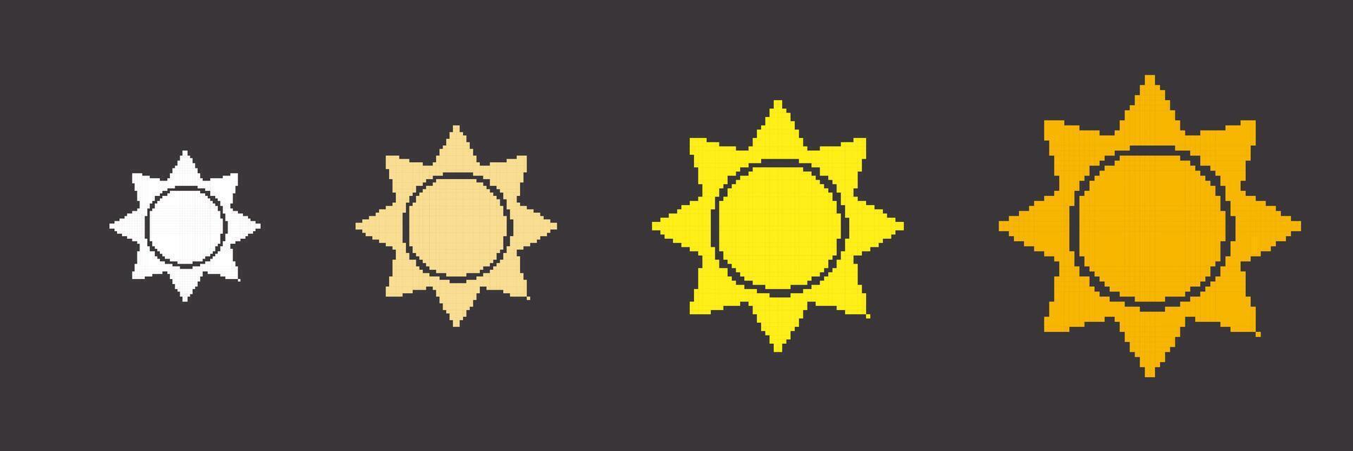 Sun Pixel Art Icon Set. Retro Game Yellow Sun Isolated on Dark Background. Vintage Game Symbol. Isolated Illustration vector