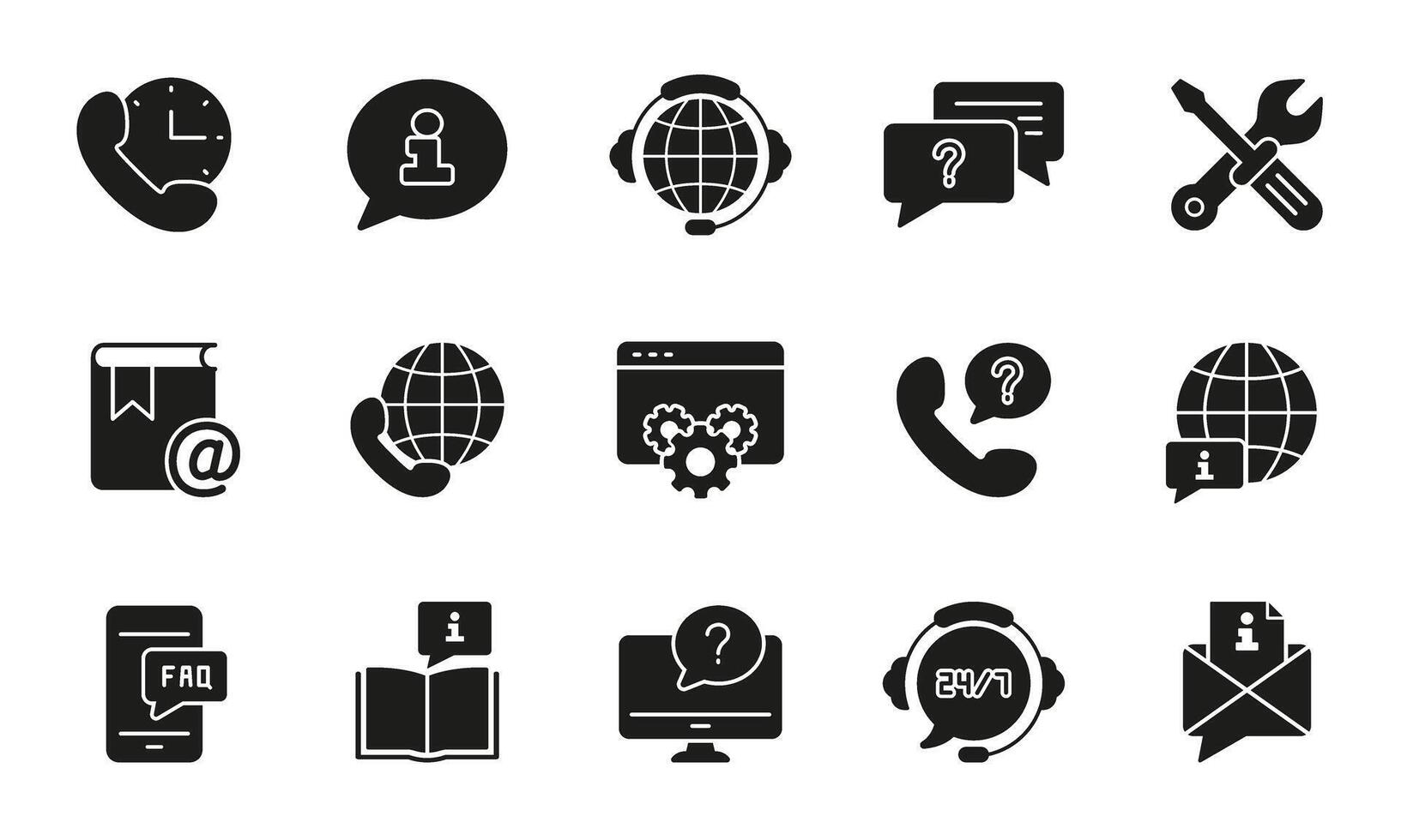Customer Support and Global Communication Tools Silhouette Icon Set. Customer Service Glyph Symbol Collection. Isolated Illustration vector
