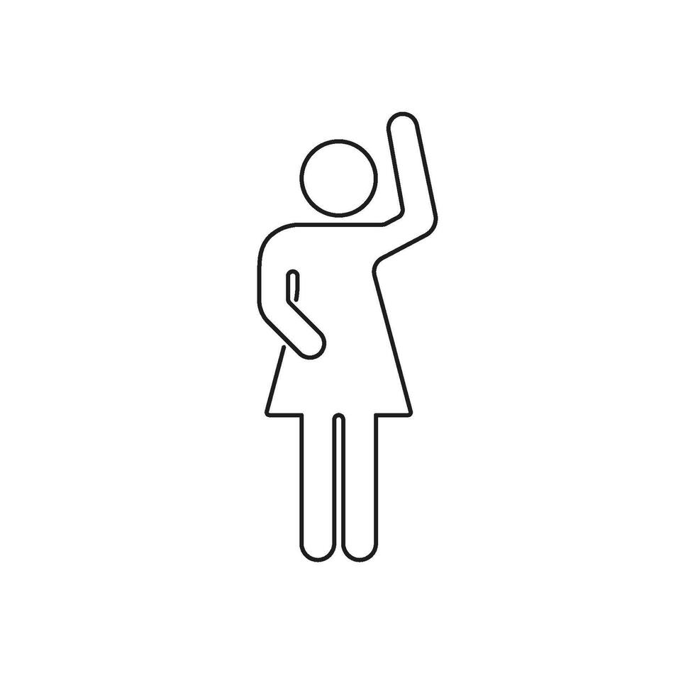 Human Figure Waving Hand Line Icon. Stick Female Figure with Greeting Gesture Outline Symbol. Person in Waving Pose. Editable Stroke. Isolated Illustration vector