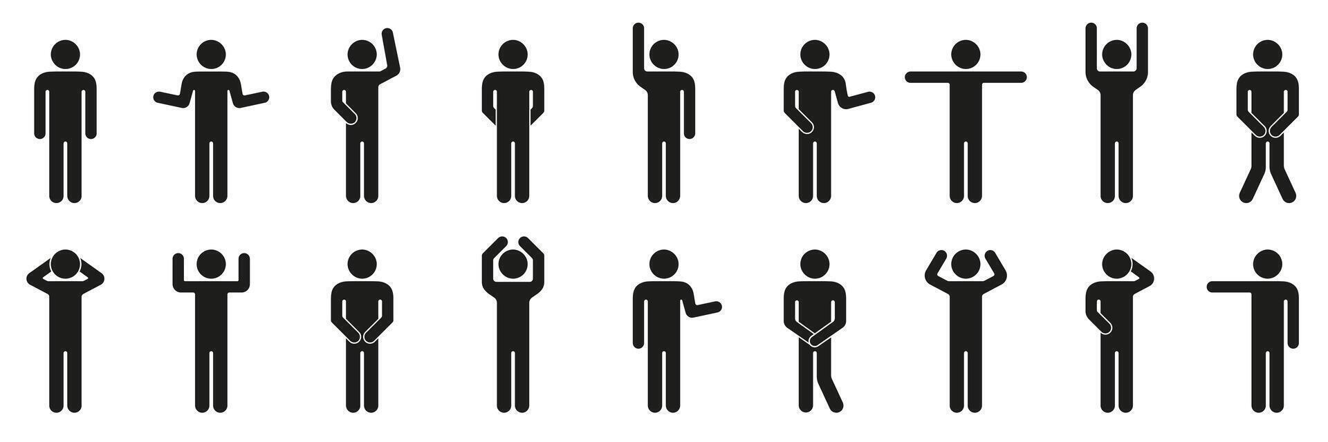 Stick Figure Gesture Silhouette Icon Set. Man in Different Poses Filled Pictogram Collection. Isolated Illustration vector