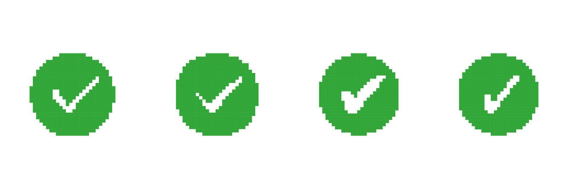 Pixelated Green Check Mark Icons Set. Approval or Success Symbols in Pixel Art Style Collection. Isolated Illustration vector