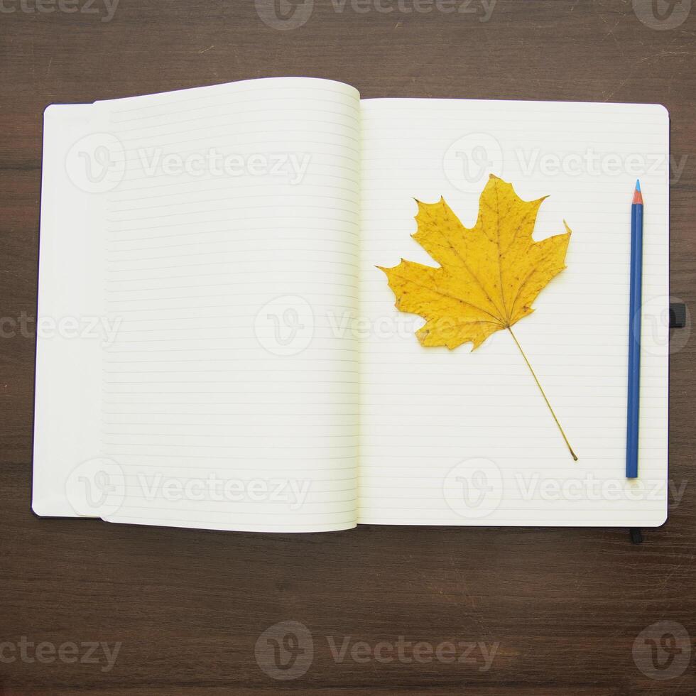 A yellow leaf is placed on the page of a notebook with a blue pencil on a wooden table photo
