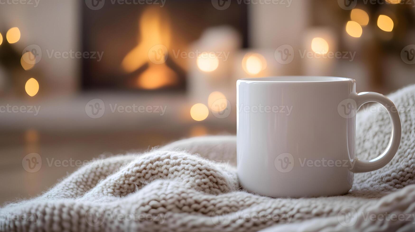 Blank White Mug on Knitted Fabric in Homey Setting with Fireplace Glow photo
