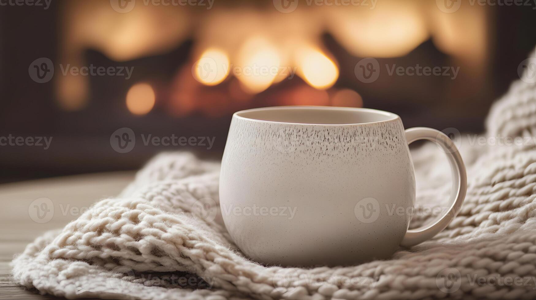 Cozy White Mug on Knitted Fabric with Warm Fireplace Glow photo