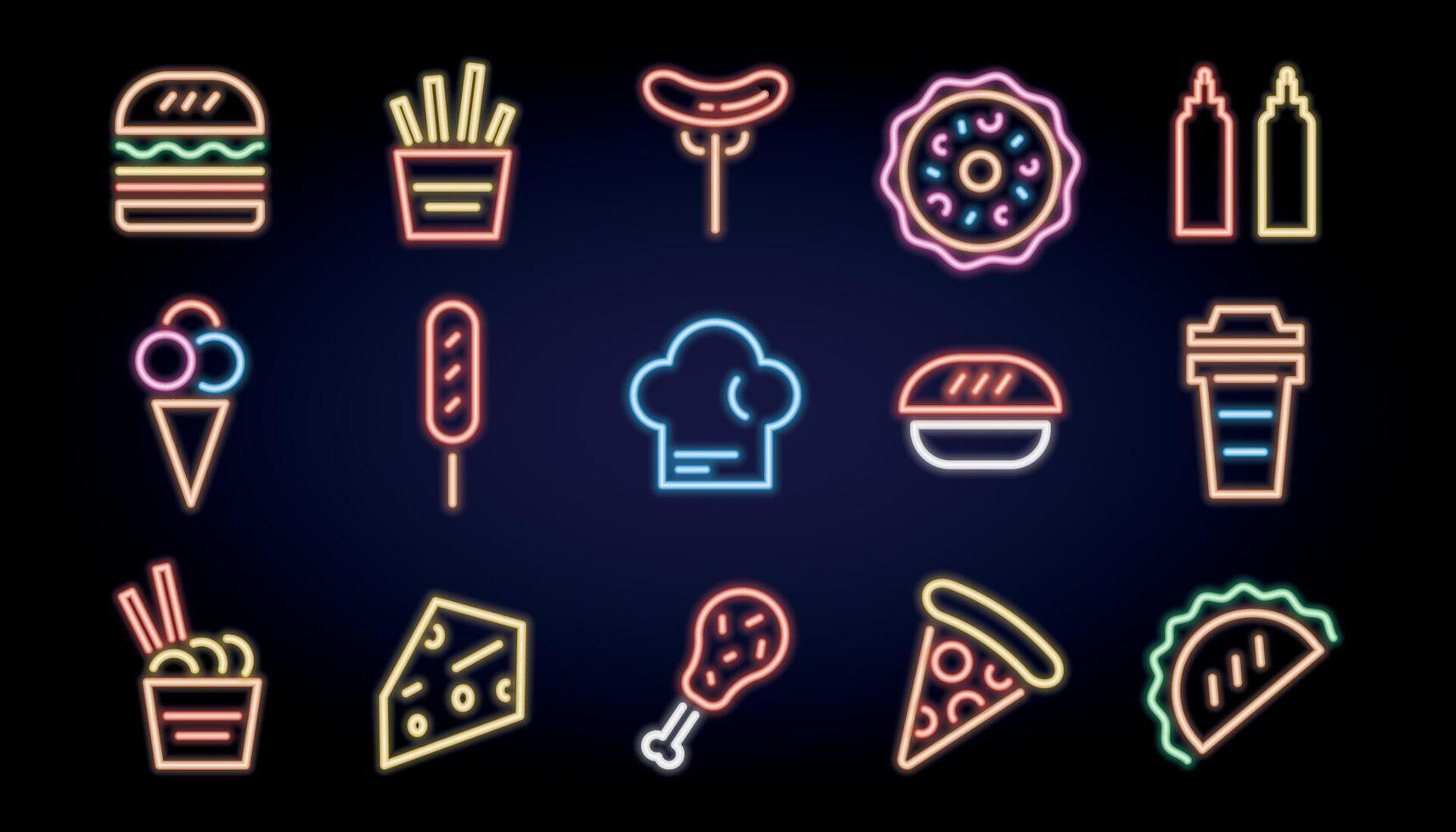 Neon food icons, fast food glowing signs and symbols. Burger, fried potato, chicken legs, sushi, pizza, coffee and other food icons. illustration. vector