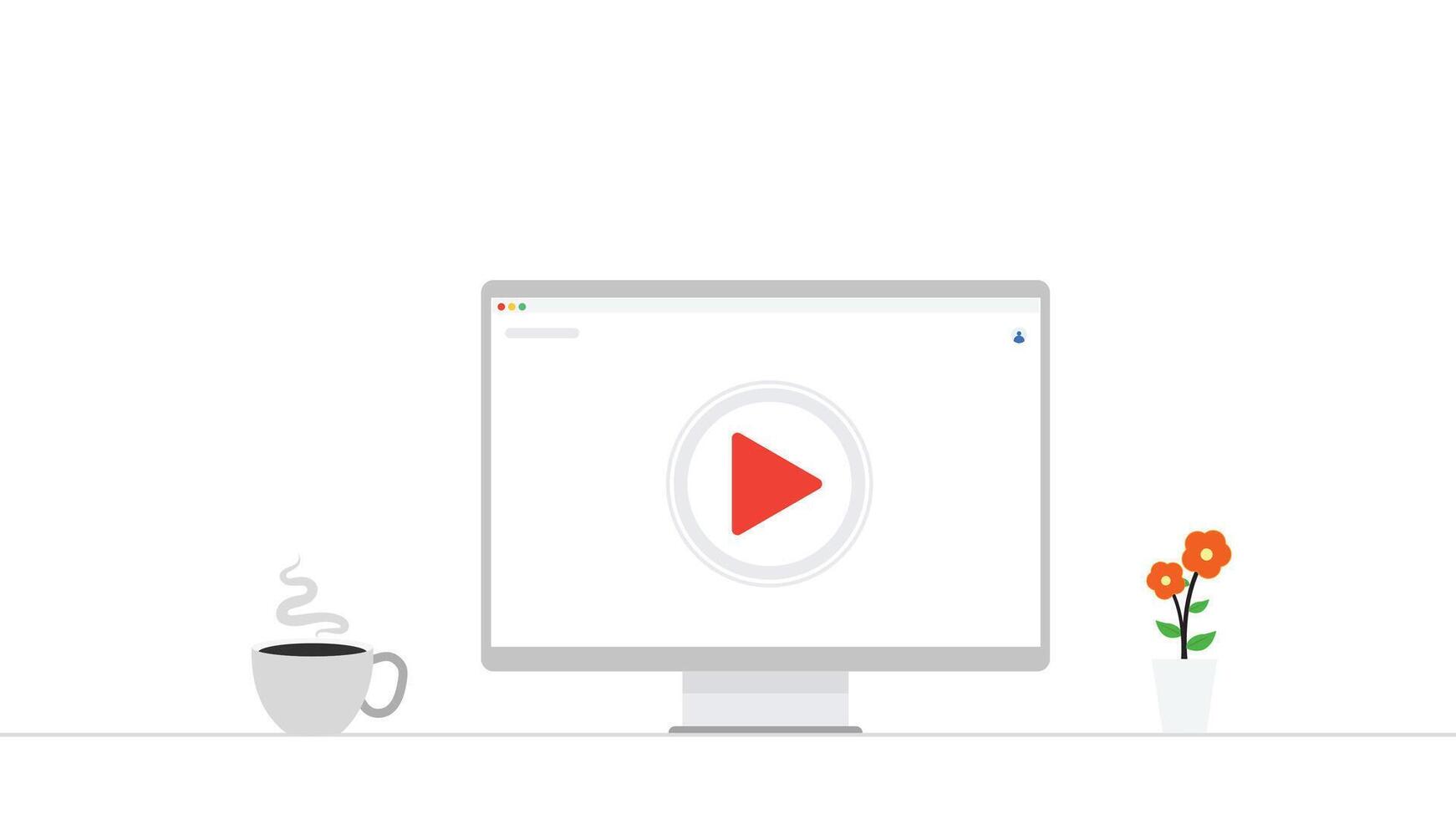computer monitor watching videos on a table with coffee and a vase of flower, relaxed and calm isolated on a white background suitable for website design vector
