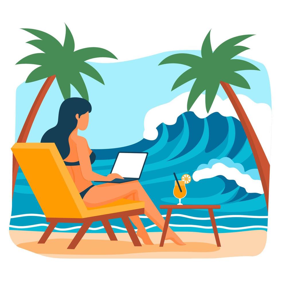 Woman Remote Work on Tropical Beach with Palm Trees vector