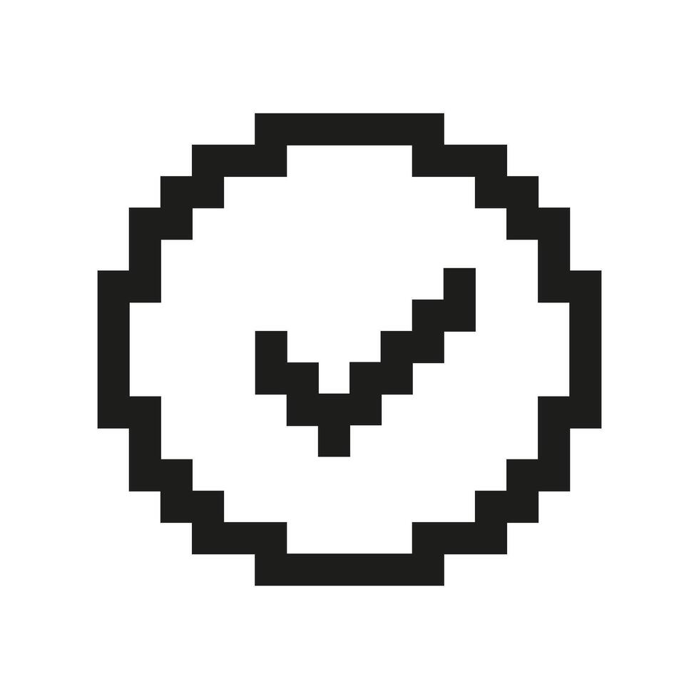Pixel Art Checkmark In Circle Icon. Pixelated Checkmark Inside, Symbol Of Approval Or Completion. Isolated Illustration vector