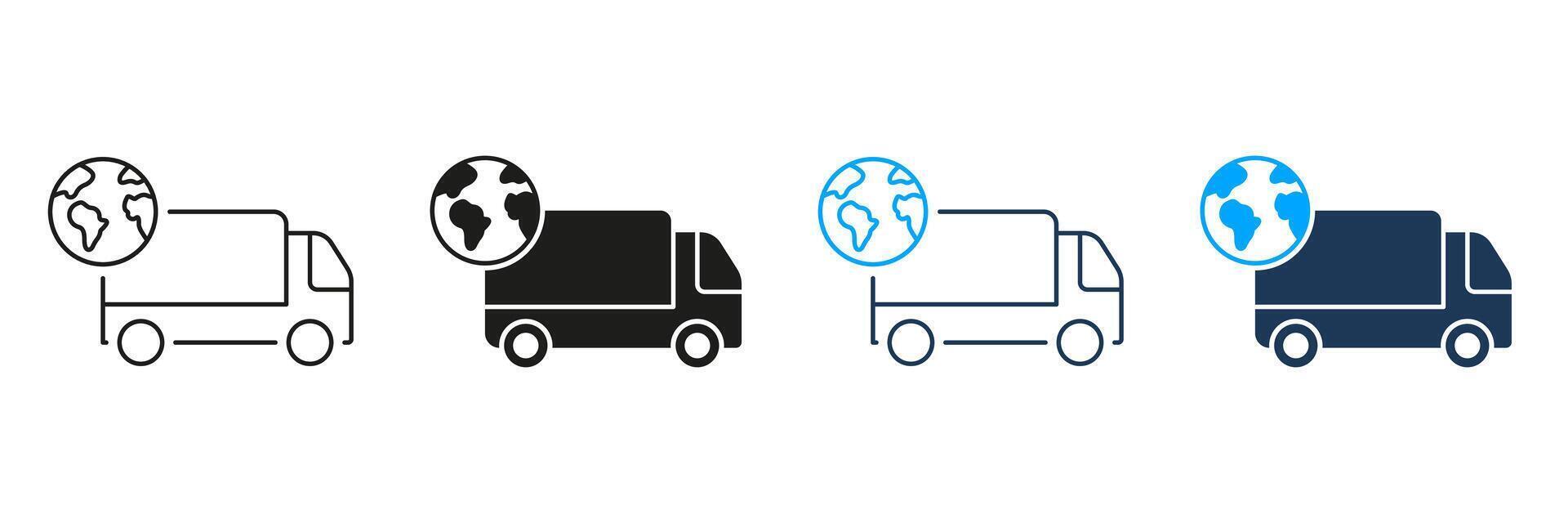 Global Delivery Service Line and Silhouette Icon Set. International Express Transportation Pictogram. Worldwide Shipping Symbol. Editable Stroke. Isolated Illustration vector