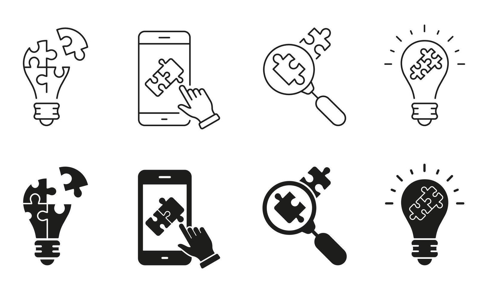 Inspiration for Innovation Line and Silhouette Icon Set. Search and Create Ideas. Success Innovation, Inspiration, Idea with Puzzle Icon. Editable Stroke. Isolated Illustration vector