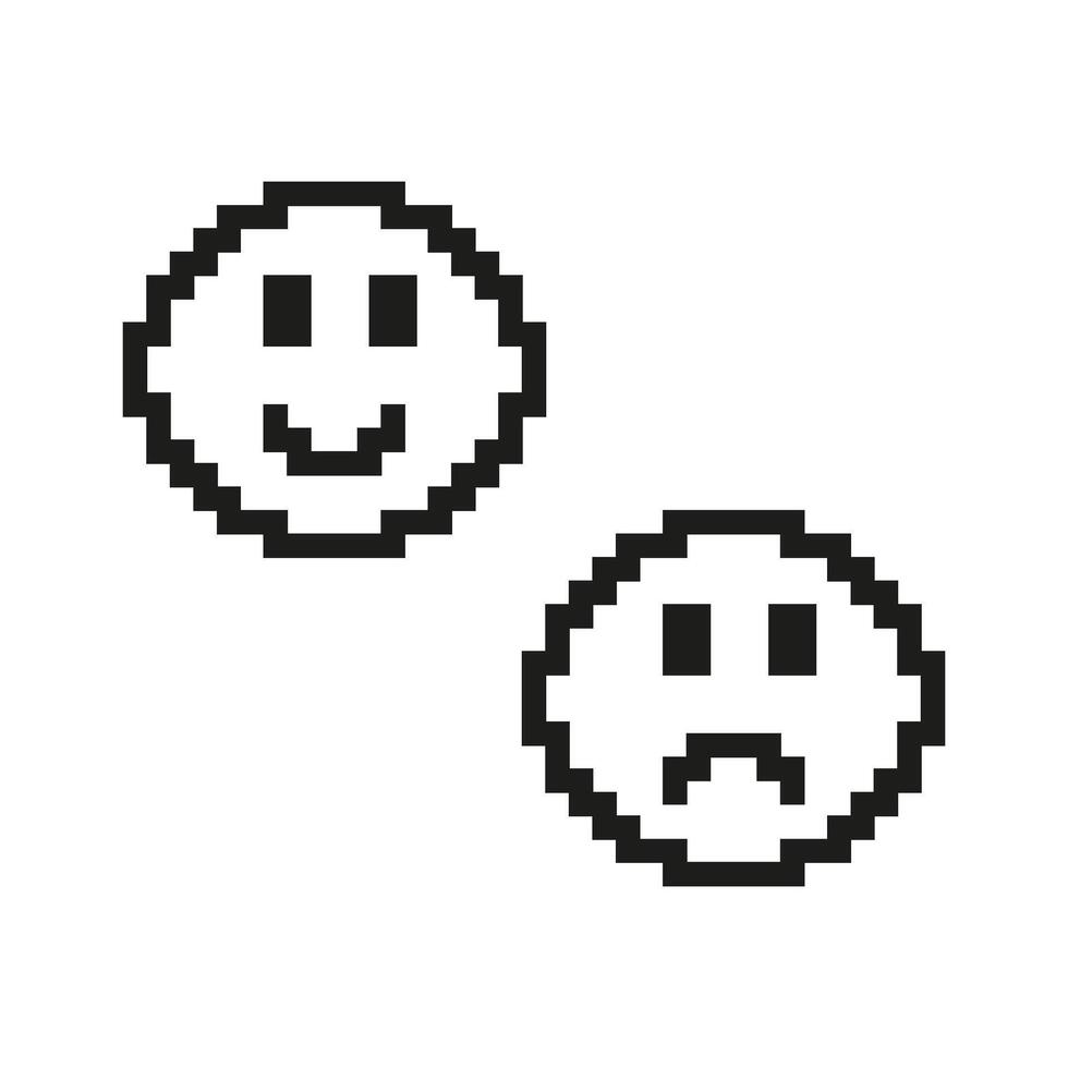 Happy and Sad Faces Pixelated Icon. Pixel Art of Positive and Negative Emotions. Feedback or Mood Symbol. Isolated Illustration vector