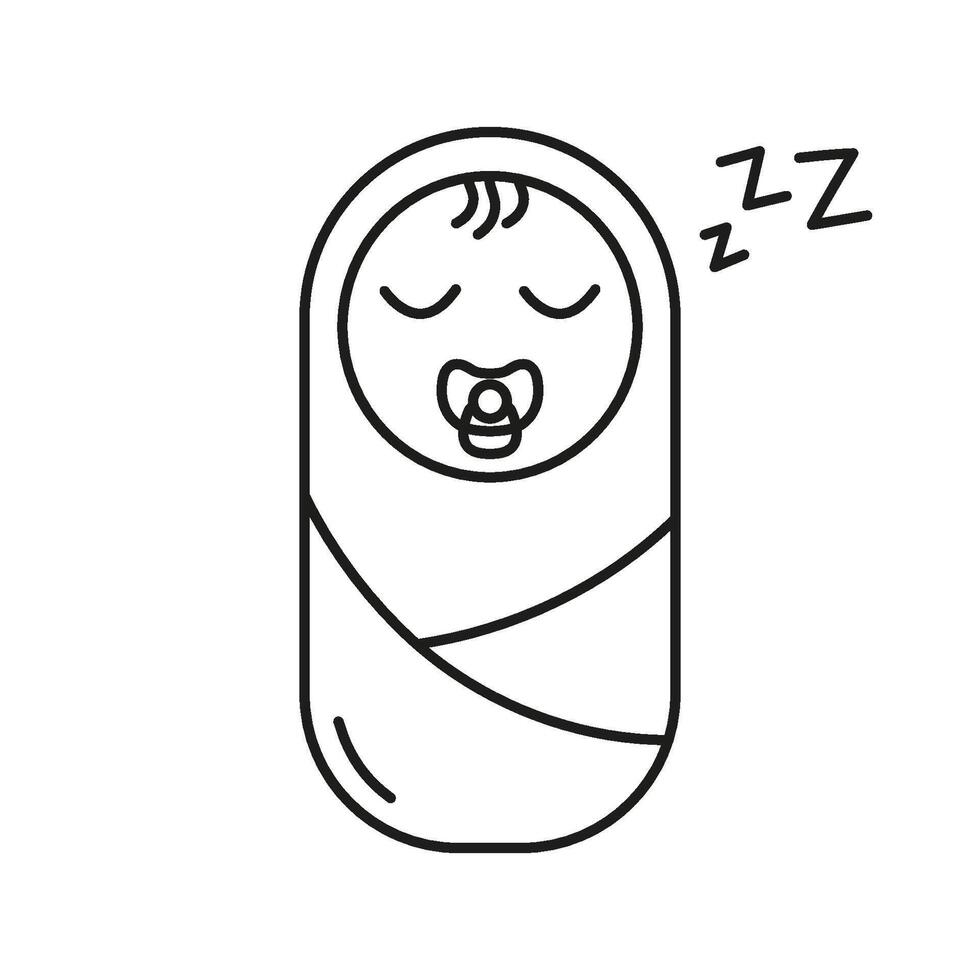 Swaddled Baby with Pacifier Sleeping Line Icon. Newborn Rest and Sleep Outline Symbol. Peaceful Newborn with Pacifier. Bedtime Rest for Baby. Editable Stroke. Isolated Illustration vector