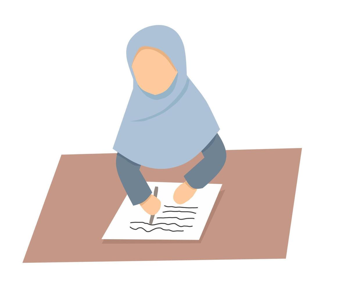 a woman is writing on a paper with a blue top vector