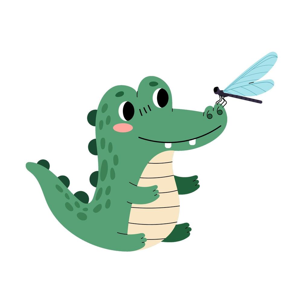 Crocodile. Cute green crocodile with a dragonfly on its nose. Funny baby animal. Flat illustration on white background. vector