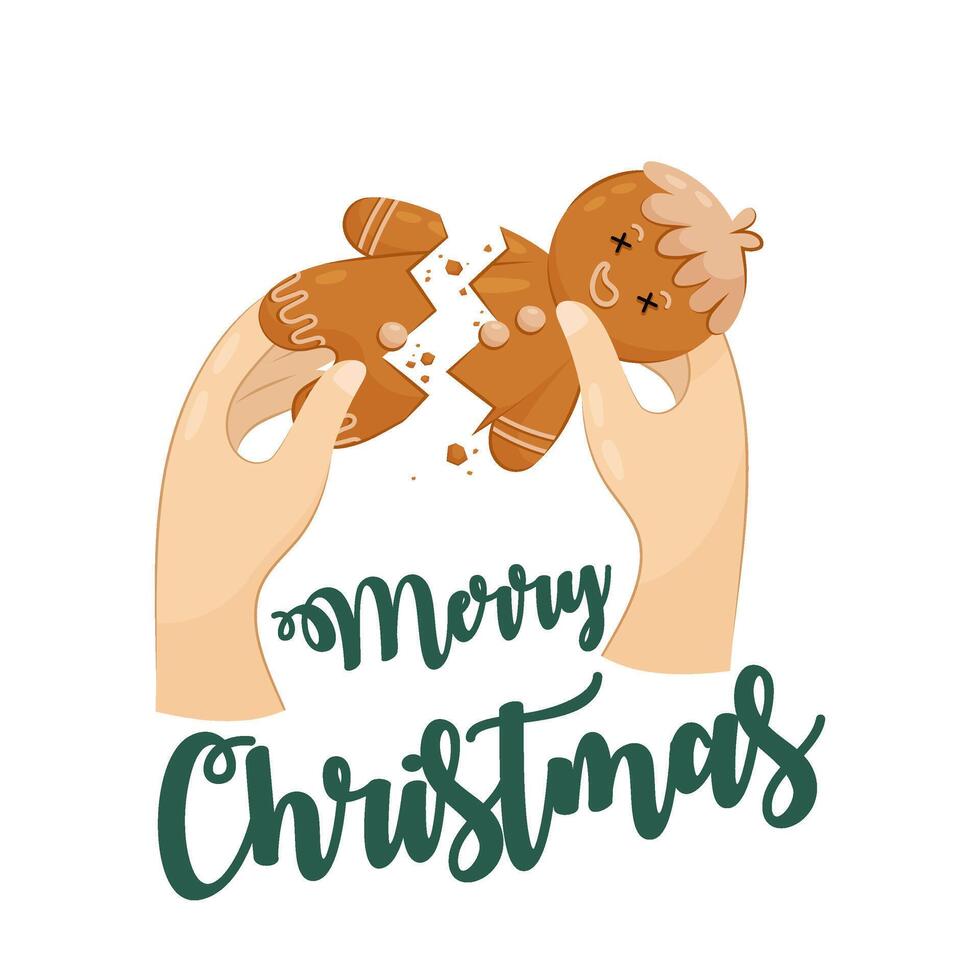 Gingerbread. A broken cookies in shape of a man. Holiday food. Merry Christmas. Christmas lettering for t-shirt print, poster or card. vector