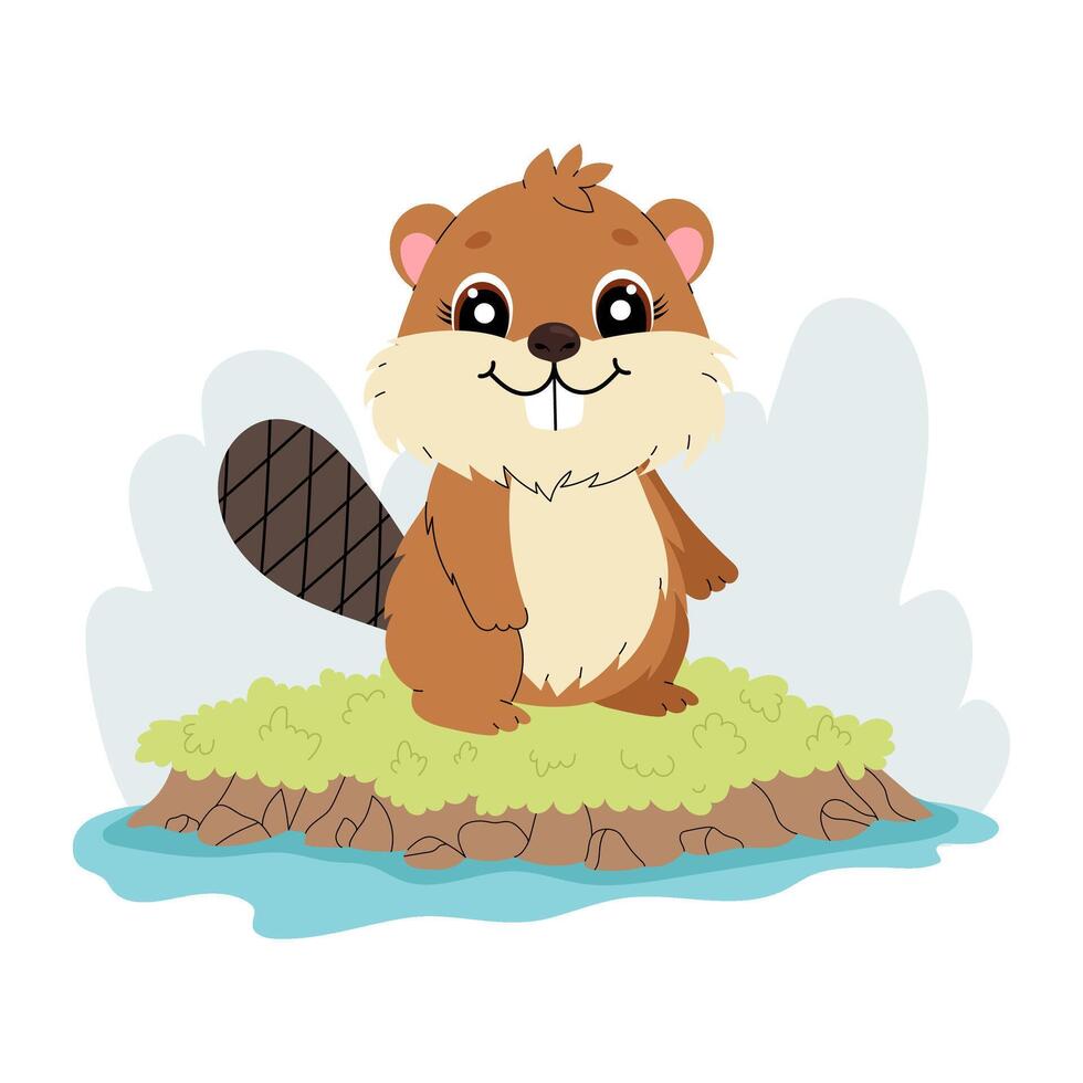 Cute beaver. Cartoon rodent standing on the grass. Short-haired animal in habitat. Flat illustration on white background. vector