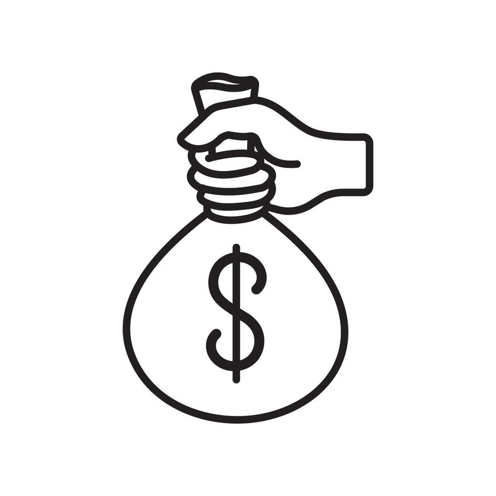 Black and white illustration of a hand holding a money bag vector