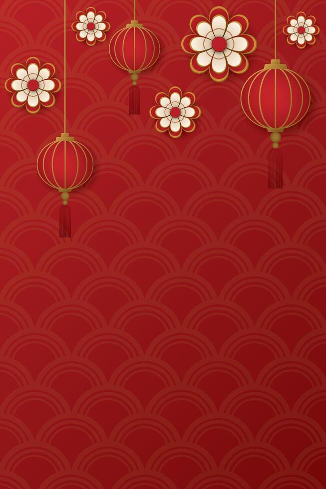 Abstract paper cut 3D lanterns and flowers illustration Chinese style on red background. Chinese New Year greeting card vertical template have blank space. vector