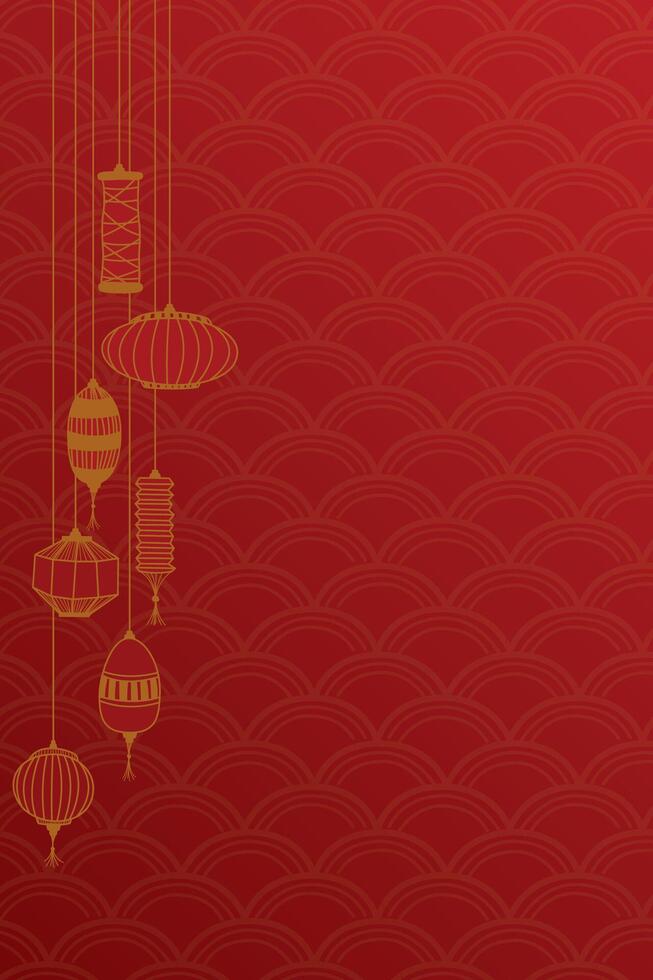 Hangling lantern hand drawn childish style on red background with oriental pattern.Chinese new year greeting card vertical template have blank space. vector
