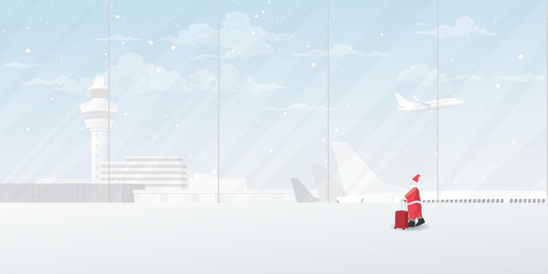Santa Claus with luggage at the airport's terminal have plane, airport traffic control tower and snowfall through windows graphic illustration. vector
