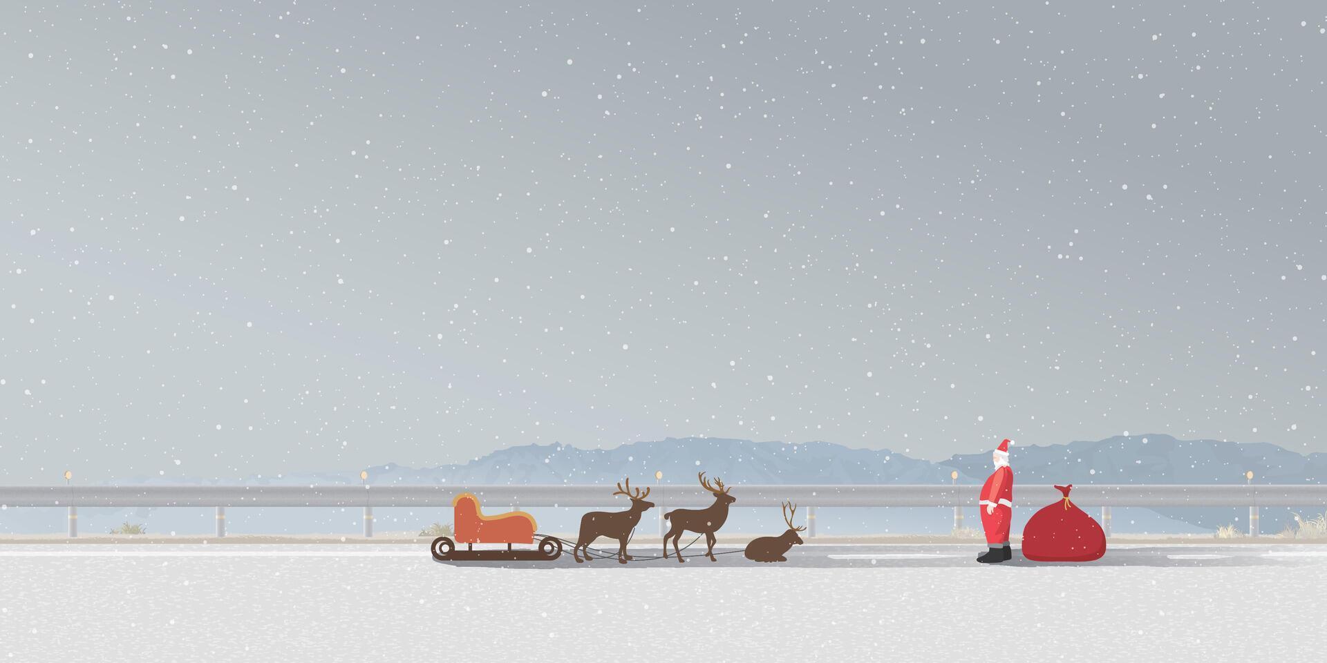 Minimalist countryside landscape in winter season with snowfall have Santa Clause and lazy reindeers on the local road graphic illustation. Merry Christmas greeting card template have blank space. vector